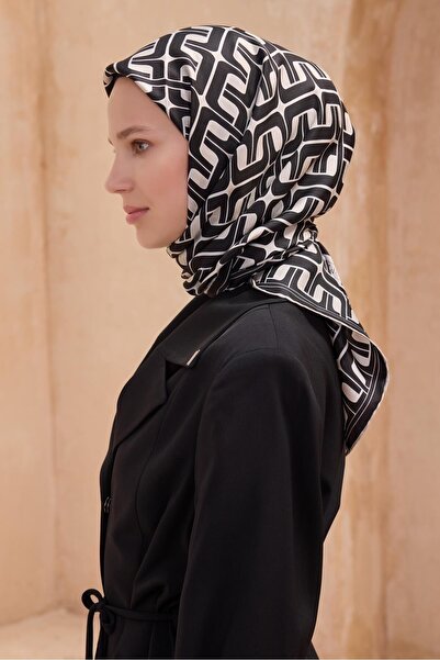 Belli Twill İpek Eşarp - 4118-09 Siyah Krem