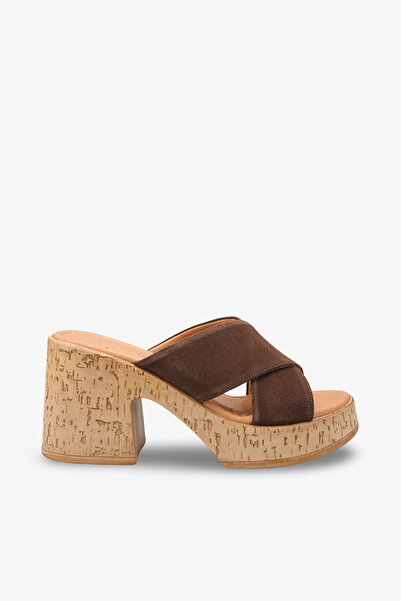 İNNABUTİKK حذاء فريدا نسائي جلد أصلي بكعب شبشب - بني جلد سويدي