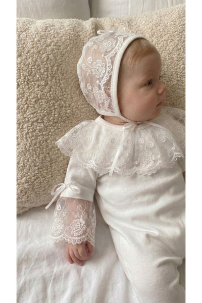 MONTİNA Vintage Design Guipure Lace Collar Baby Booties Romper and Hat Set - ...