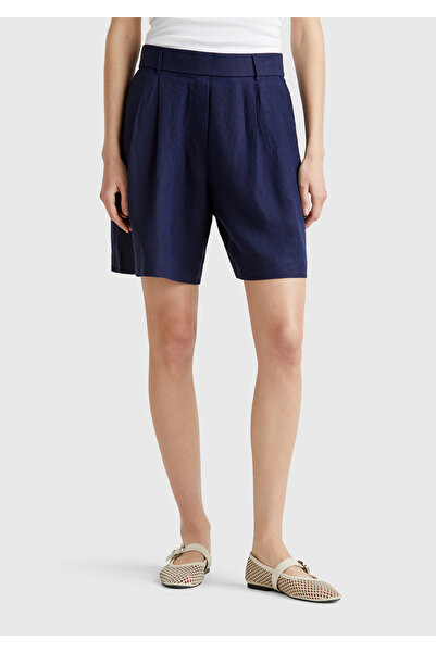 United Colors of Benetton Women's Navy Blue 100% Linen Back Waist Elastic Ple...