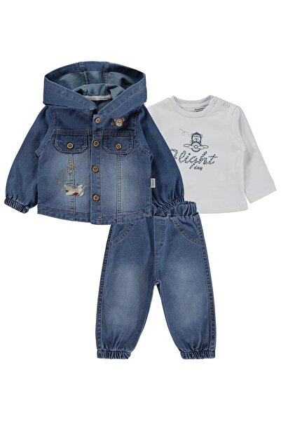 Kapşonlu Kot 3 Lü 6-18 Ay Takım - Mavi 6-9 Ay