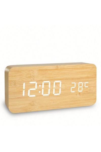 OEM Retro Cream LED Digital Alarm Clock, Wood Look, White Light, Adjustable B...