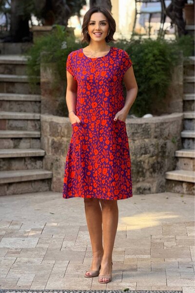 Nevin Kaya Moda V10 - Μωβ φόρεμα με λουλούδια και τσέπες