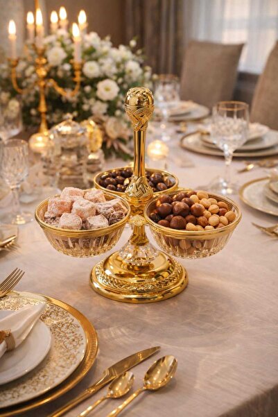 RASHA COLLECTION Gold 3 Gözlü Kuruyemişlik – Dekoratif Çerezlik Lokum ve Kuru...
