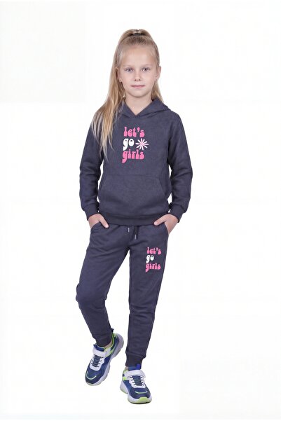 FYK KİDS Kangaroo Pocket Hooded Lets Go Girl Printed Detailed Girls' Tracksui...