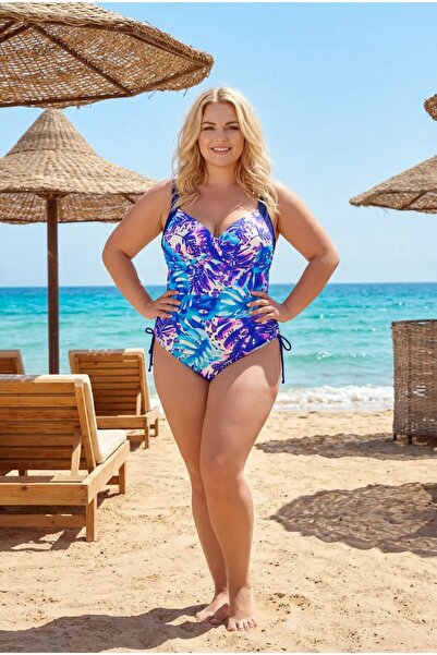 hazelin Γυναικείο μαγιό σε μπλε ναυτικό μωβ Leaf Με σχέδιο Με φόδρα Plus Size...