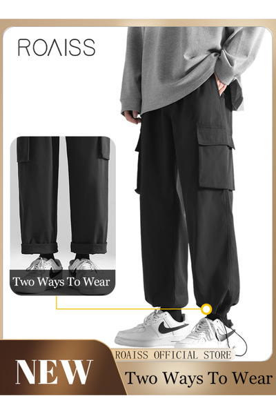 ROAISS Men's Ankles-tied Loose Straight Cargo Pant Multi-Pocket Polyester Car...