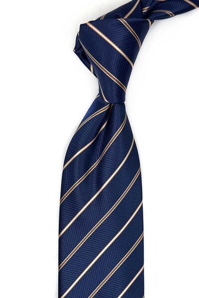 Kravatkolik Navy Blue Stripe Pattern Classic Tie with Handkerchief Kk13684