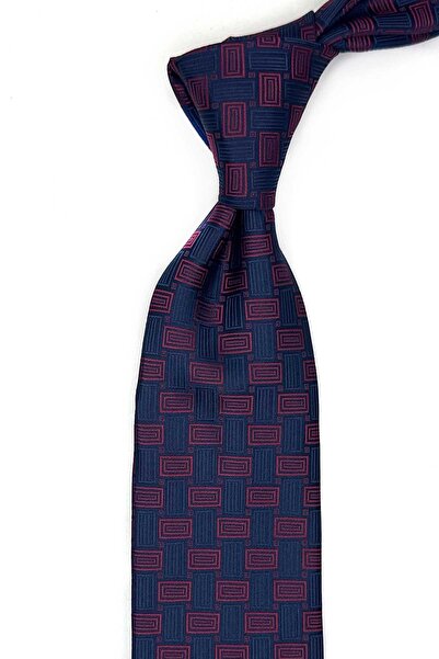 Kravatkolik Navy Blue Motif Patterned Classic Tie with Handkerchief Kk13644
