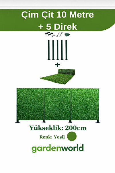 Hat Tel Çit 200 cm x 10 metre uzunluk çim çit+ 5 adet 200 cm direk set