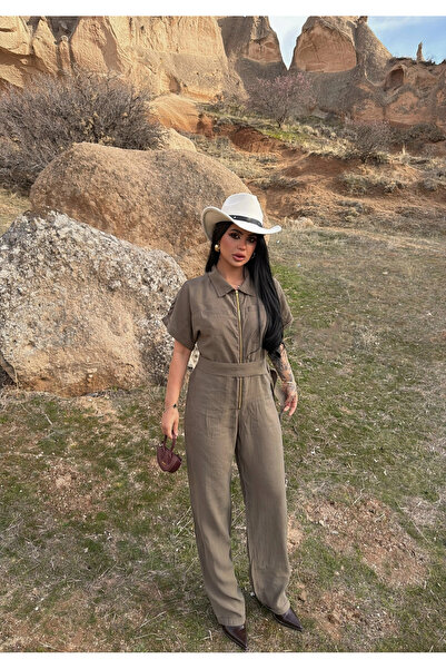 kırmızı butiks Haki Safari Kemerli Tulum