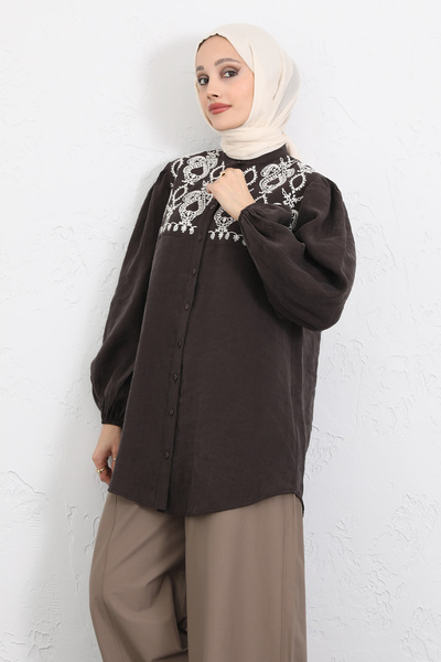 Salih Çelebi Embroidery Detailed Balloon Sleeve Shirt Y0103 - Brown