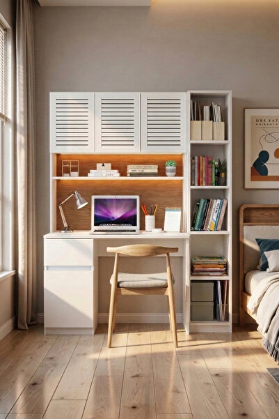 Avmpark Lamel Çalışma Masası Raflı Çekmeceli Bilgisayar Masası Led Işıklı Pan...