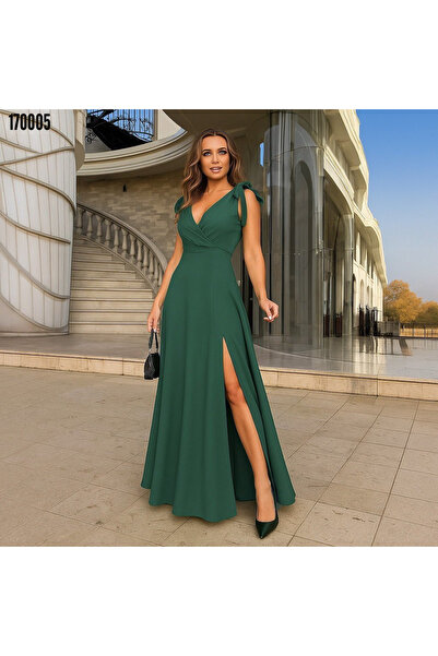 BZ Boutique Askılı Kruvaze Yakalı Uzun Yırtmaçlı Büyük Beden Janjan Krep Elbi...