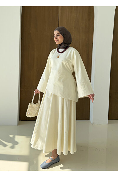 MODA AKSA 6025 BELDEN BAĞLAMA POPLİN ETEKLİ TAKIM VANİLYA