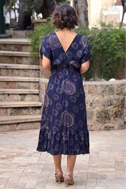 Nevin Kaya Moda V146-Navy Blue Spiral Patterned Ruched Dress