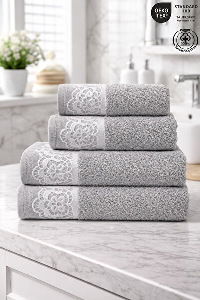 Milano 4-Piece Guipure Towel Set 100% Cotton Certified Bath Towel Jacquard 50x90cm, 70x140cm - Gray