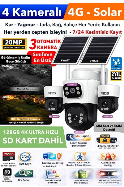 IDS 3 Otomatik 4 Kameralı 20MP 4G Güneş Enerjili Solar Güvenlik Kamerası Gece...