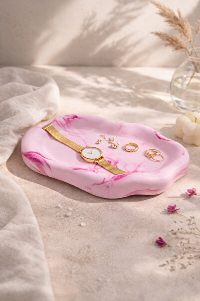 PELIUS Pink Marble Patterned Decorative Jewelry Plates and Keychain Organizer...