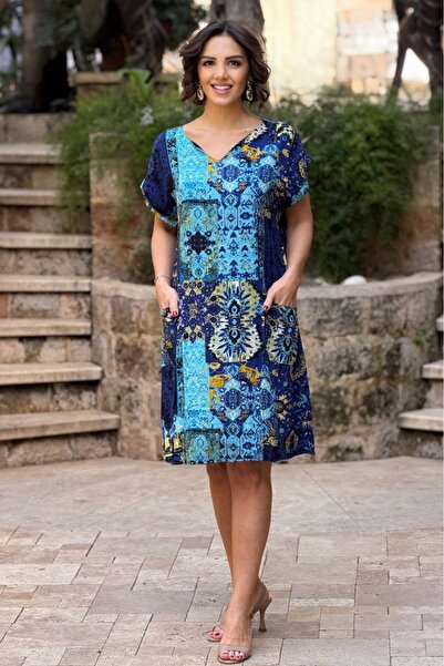 Nevin Kaya Moda V11-Синя сукня з етнічним візерунком і капюшоном