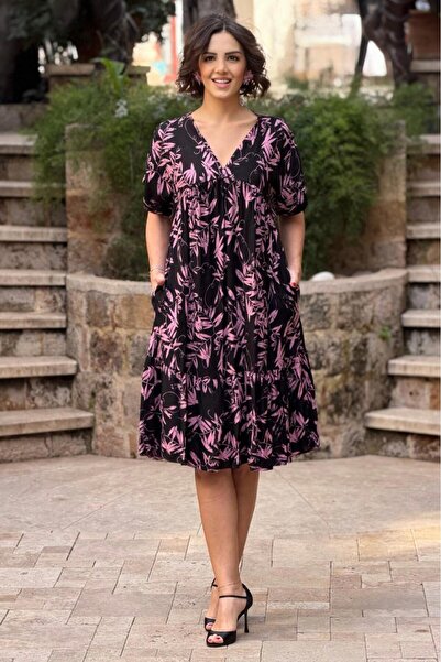 Nevin Kaya Moda V168-Rochie neagră roz cu imprimeu floral cu încrețituri