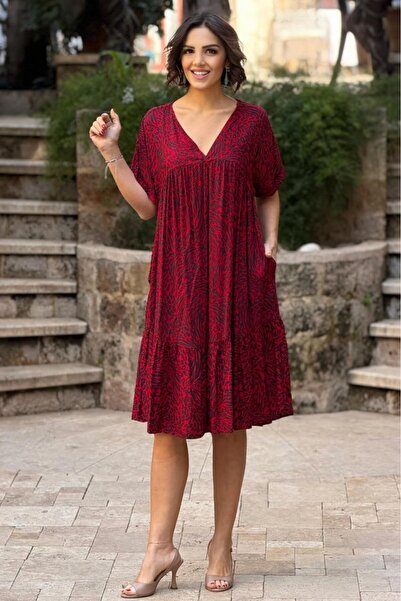 Nevin Kaya Moda V168-Red Patterned Chest Ruched Dress