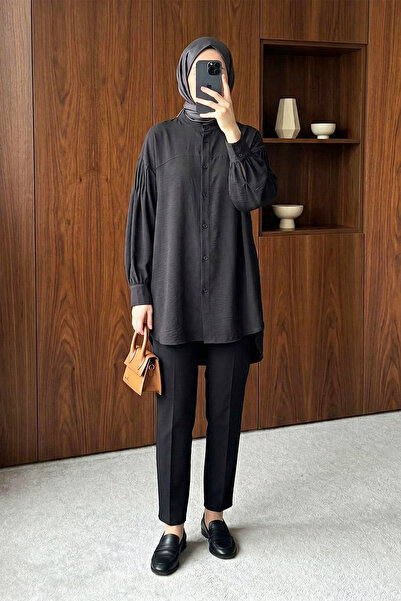MODAQU Tunic with Ribbed Shoulder and Cuff Detail - Black