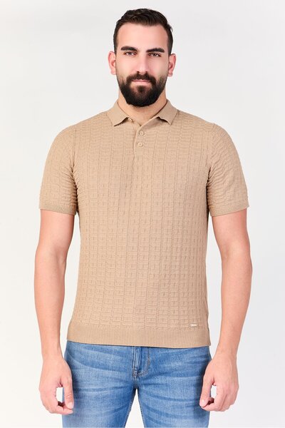 Threadbare Men Regular Fit Short Sleeve Textured Polo Shirt, Tan