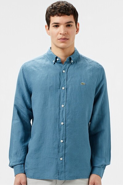 Lacoste Men's Regular Fit Button-Down Collar Linen Shirt Blue Erkek Düğmeli Y...