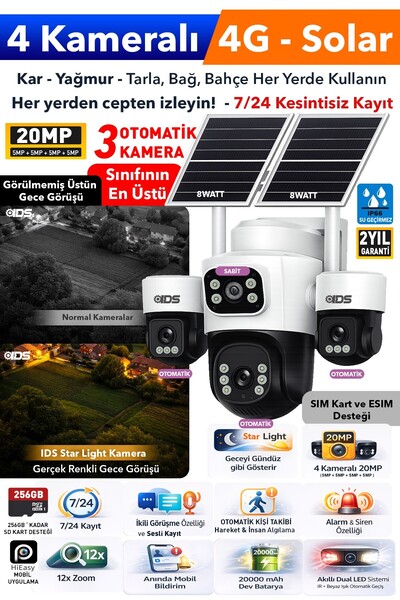 IDS 4 Kameralı 3 Otomatik - 4G Güneş Enerjili Solar Güvenlik Kamerası Kişi Ta...