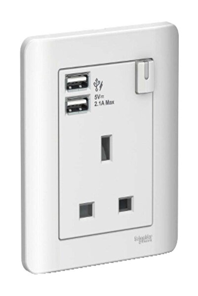 SCHNEIDER 13A 1 Gang Switched Socket with 2.1A USB, White