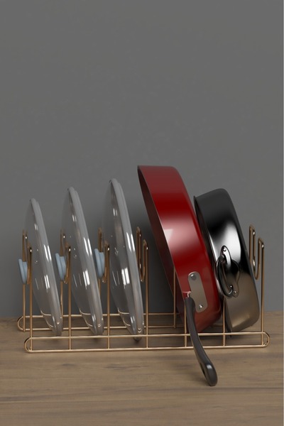 ozbience Altın Kaplama Tava ve Tencere Kapağı Düzenleyici Raf Mutfak Organiza...