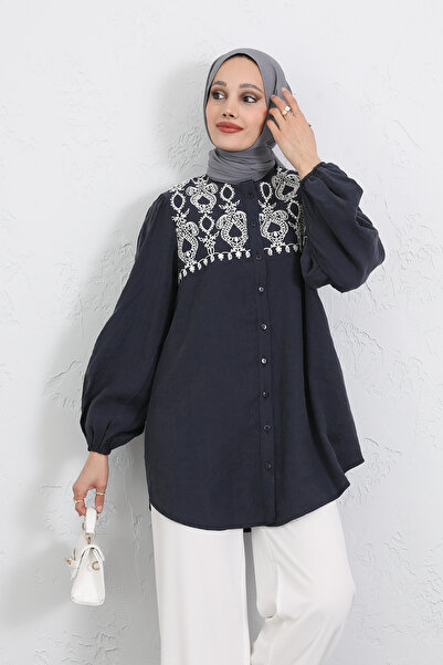 Salih Çelebi Embroidery Detailed Balloon Sleeve Shirt Y0103 - Dark Blue