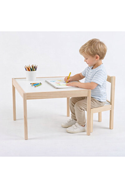 OEM Set Masă și Scaun pentru Copii din Lemn, Blat Alb, Mobilier Cameră Copii