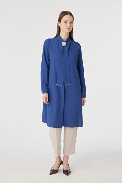 Zühre Yaka Broş Detaylı İndigo Tunik 1672