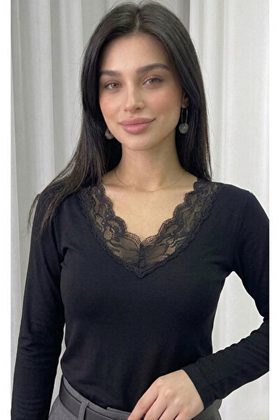 FOORS Lace Detailed V-Neck Viscose Blouse