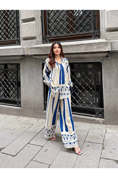 ikomteks منقوش فيسكوز طقم قميص وبنطلون مكون من قطعتين