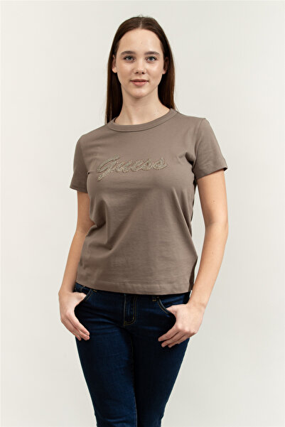 Guess Jersey Women's Boxy Fit Crew Neck T-Shirt Brown
