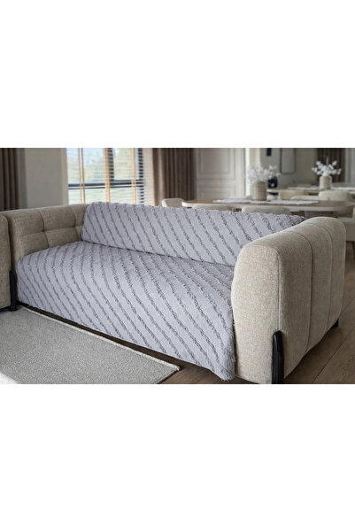 Çeyiz Merkezi Sakallı Şönil Kumaş Çizgili Koltuk Örtüsü 180x220 cm Gri