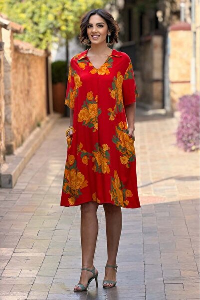 Nevin Kaya Moda V1-Πορτοκαλί με κίτρινα τριαντάφυλλα Γιακάς πουκαμίσου Φόρεμα