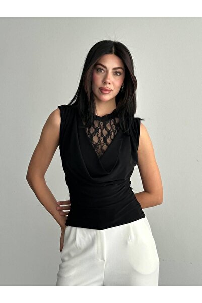 Shopping Shop Lace piece drape collar sleeveless blouse black