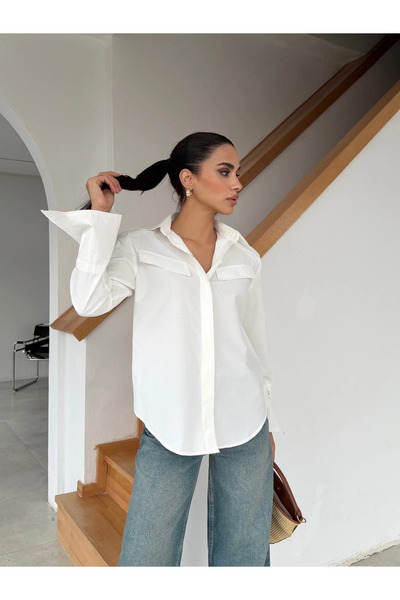 cemo Kadın Klasik Yaka Cepli Uzun Kollu Gömlek