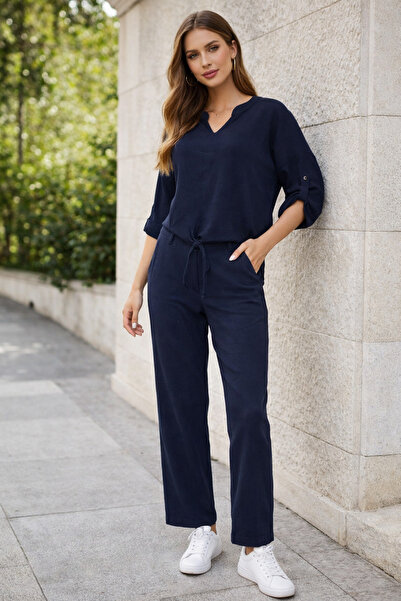 MEGHAN L.A Women's Navy Blue V-Neck Buttoned Sleeve Detail Pocketed Two-Piece...