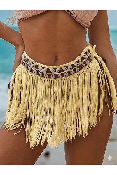 Veille Sarı Kadın Deniz Kabuklu Püsküllü Pareo Plaj Eteği Bohem Bikini Üstü P...