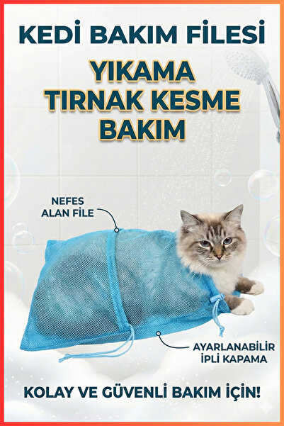 ozbience Mavi Kedi Bakım Filesi, Tırnak Kesme ve Yıkama İçin Güvenli Set