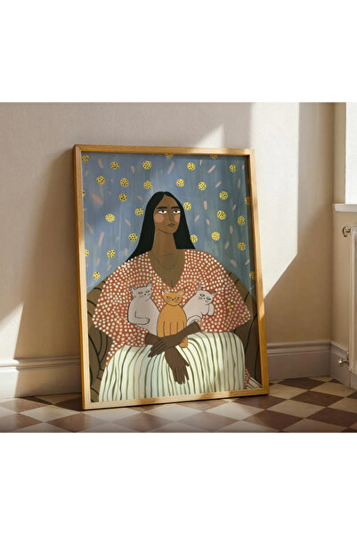 woodhomeworks Tek Parça Salon Ofis Dekor Tablo kucağımda üç kedi vrynt