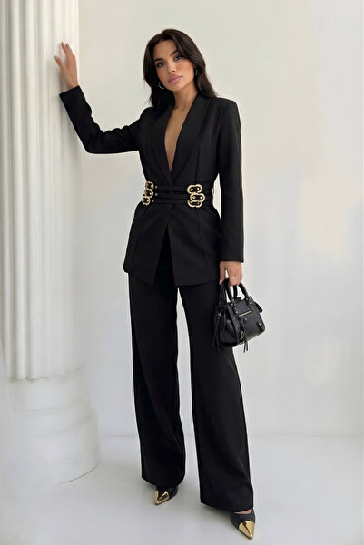 Potenza Costum negru pentru femei, auriu, curea piese, cu umeri întăriți saco...