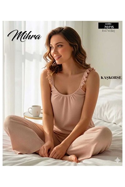 Mihra Ribbed Knit Fabric Ruffle Strap Pajama Set