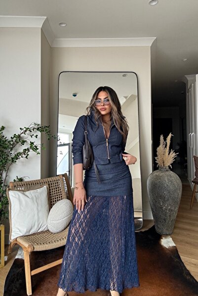 Sohotique By P Lace Paneled Jean Skirt Navy Blue