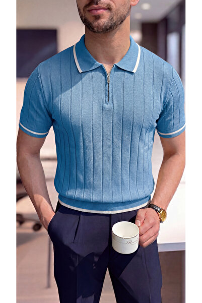 SeusCraft Ανδρικό μπλουζάκι με Ριγέ φερμουάρ - Μπλε πλεκτό μπλουζάκι με λαιμό...